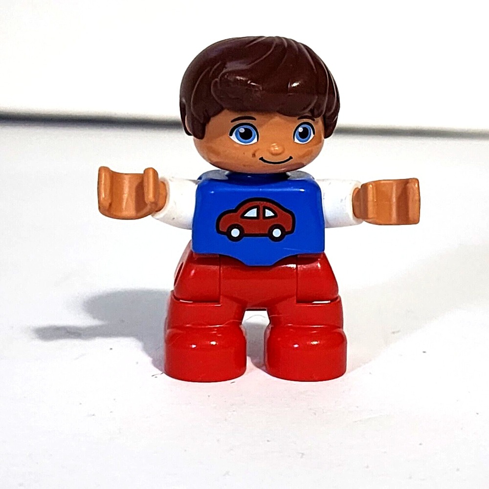 Lego Duplo Figure Boy Blue Red Car Brown Hair Minifig 2" Loose Used